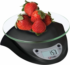 Taylor Digital Kitchen Scale with Glass Platform, Tare Button, and Plastic Body Weighs up to 6.6 Pounds Capacity, Black