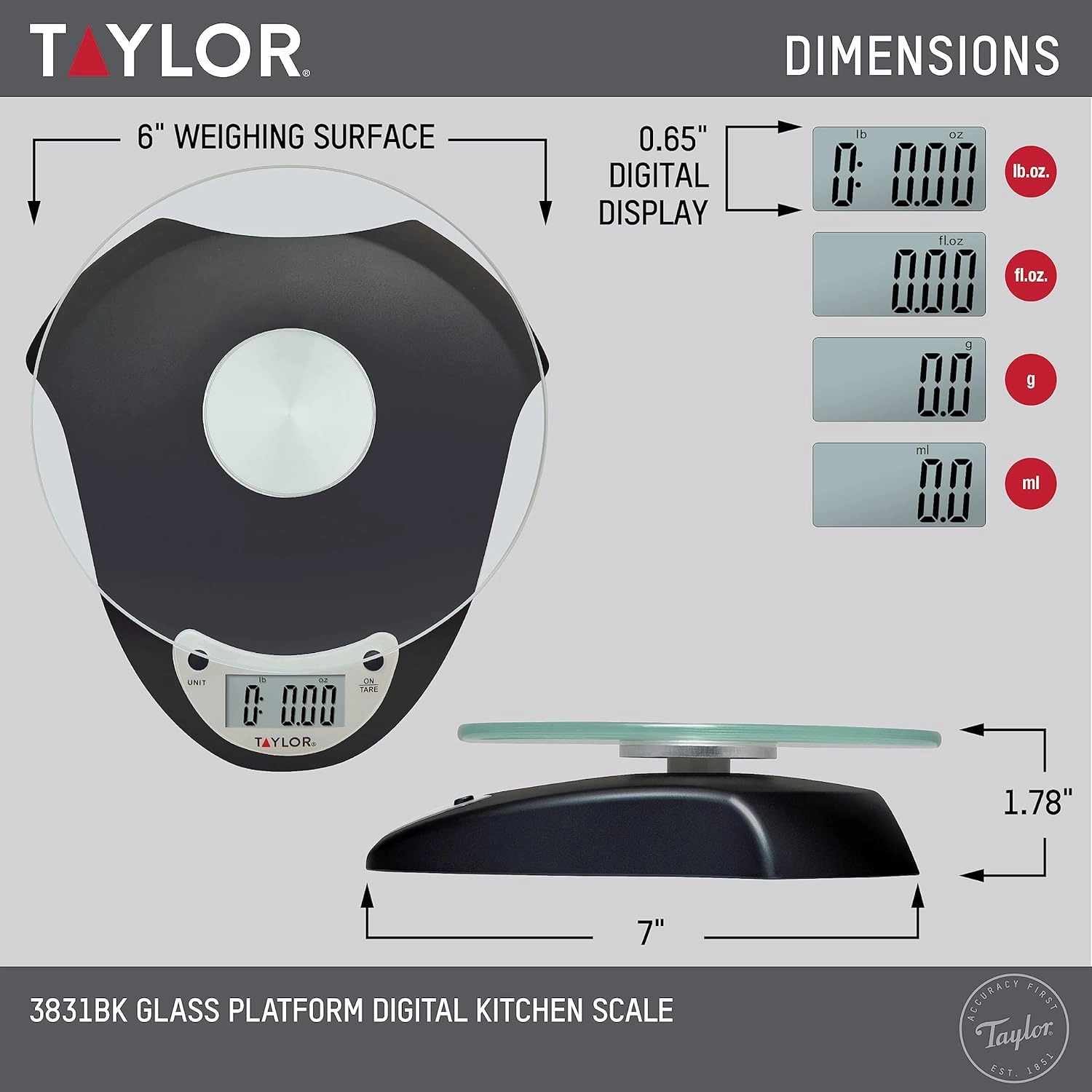 Taylor Digital Kitchen Scale with Glass Platform, Tare Button, and Plastic Body Weighs up to 6.6 Pounds Capacity, Black