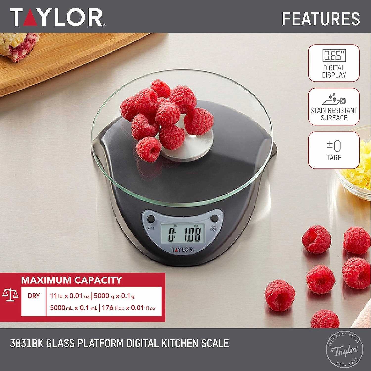 Taylor Digital Kitchen Scale with Glass Platform, Tare Button, and Plastic Body Weighs up to 6.6 Pounds Capacity, Black