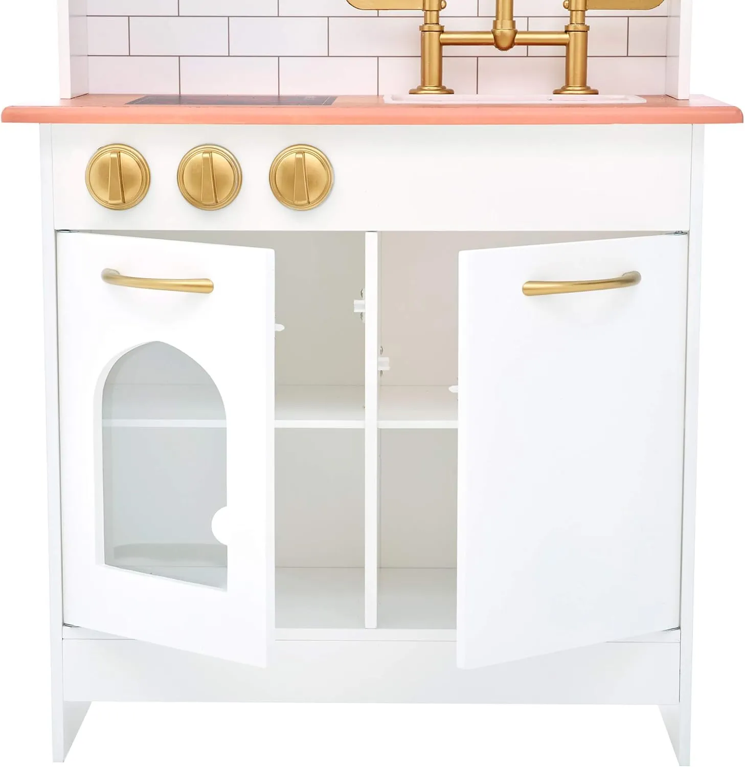 Teamson Kids Little Chef Boston Compact Farmhouse Interactive Wooden Play Kitchen with Sink, Oven, Microwave and Storage Space for Easy Clean Up, White with Gold Finishes
