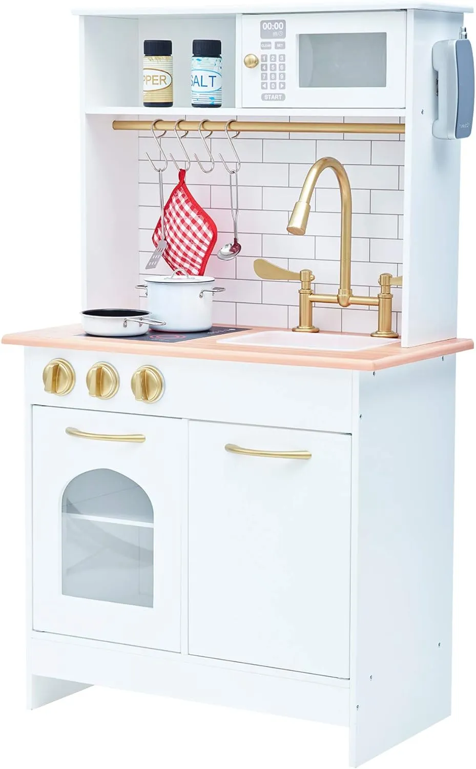 Teamson Kids Little Chef Boston Compact Farmhouse Interactive Wooden Play Kitchen with Sink, Oven, Microwave and Storage Space for Easy Clean Up, White with Gold Finishes