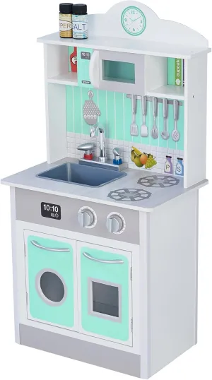 Teamson Kids Little Chef Madrid Classic Interactive Wooden Play Kitchen with Sink, Oven, Microwave and Storage Space for Easy Clean Up, Gray with Mint Accents