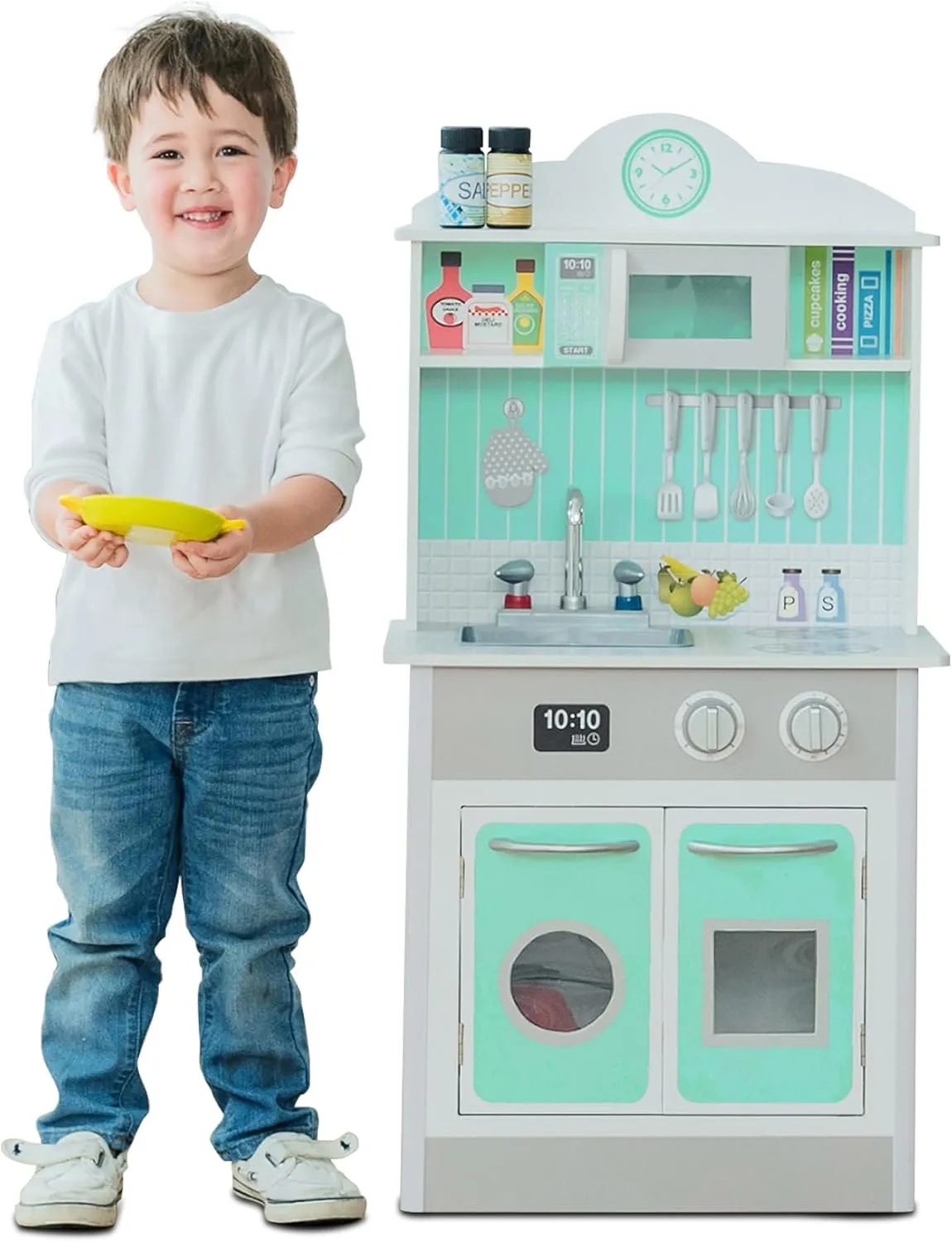 Teamson Kids Little Chef Madrid Classic Interactive Wooden Play Kitchen with Sink, Oven, Microwave and Storage Space for Easy Clean Up, Gray with Mint Accents