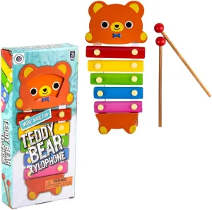 Teddy Bear Xylophone, Kids Musical Melody Toy with 5 Color Metal Keys, 2 Child size Sticks – Forest & Twelfth Educational Percussion Instrument for Toddlers, Smooth Wood, Great gift for Boys and Girls