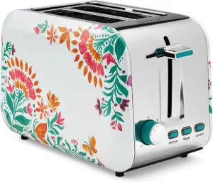 The Pioneers Womans 2-Slice Toaster, Folk Geo Print, Stainless Steel, 7 Shade Settings, Removable Tray, Bagel & Defrost Functions, High-Lift Boost, Stylish Design for Waffles, Bagels, and More