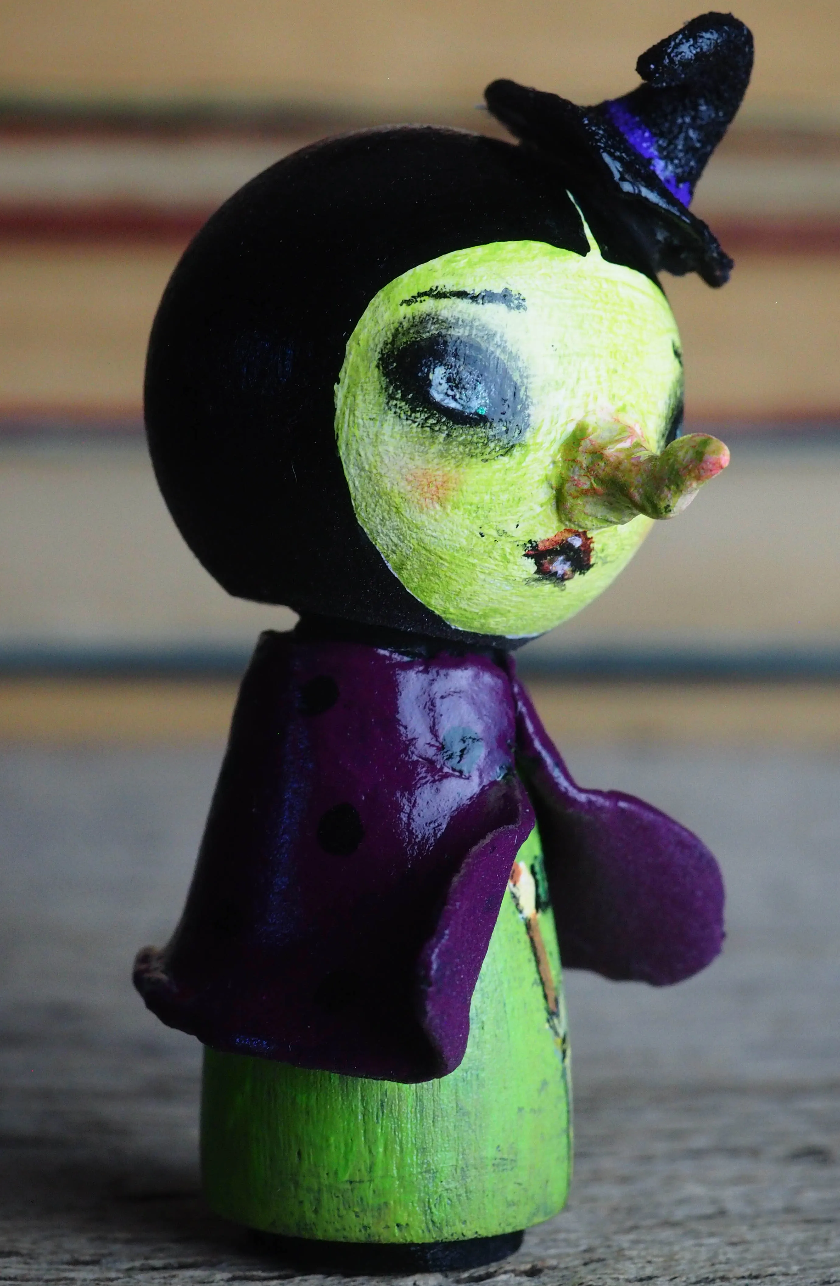 THE WICKED WITCH - Danita Halloween hand made minifig. A Kokeshi wood peg doll handmade by Danita