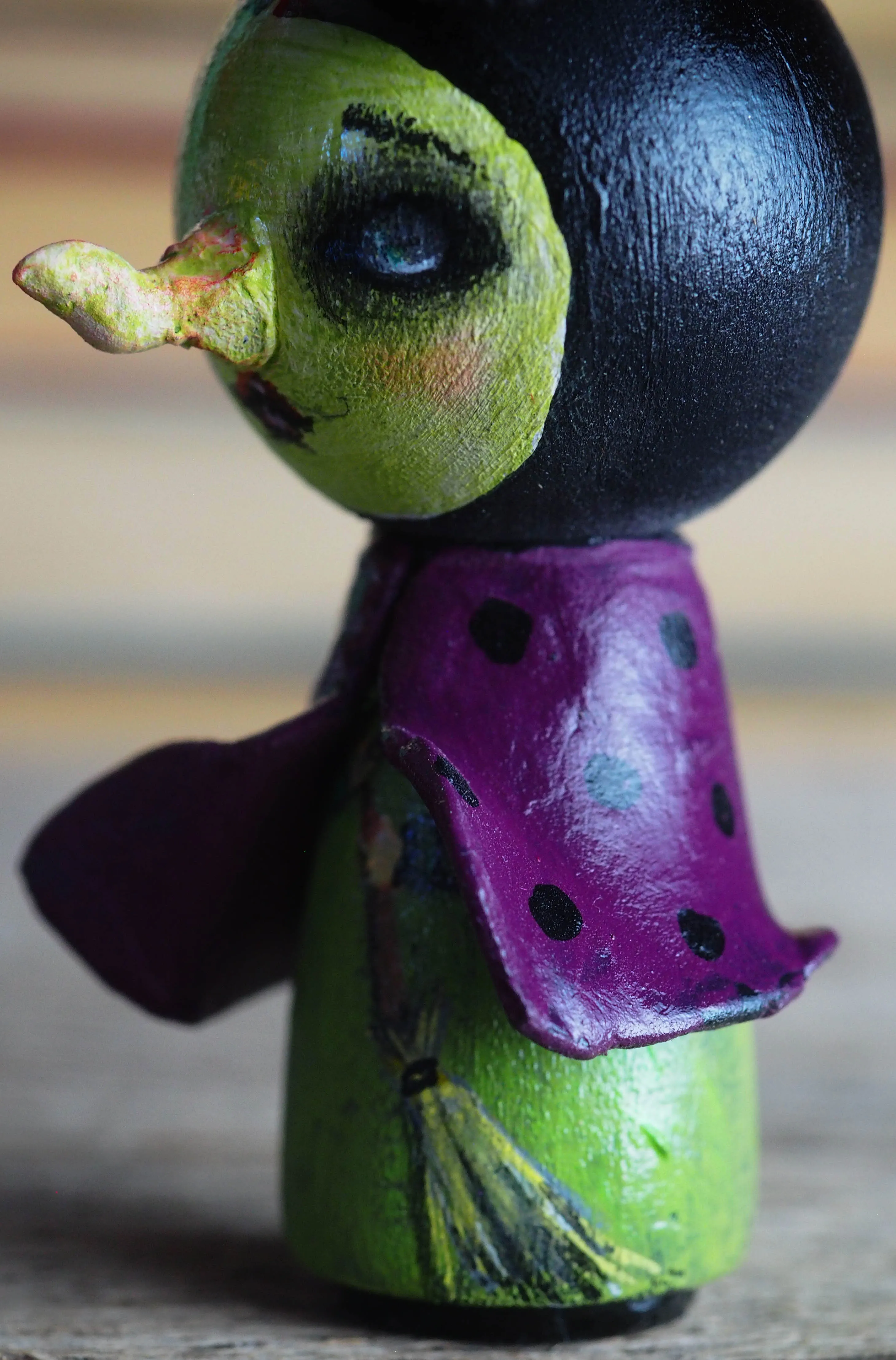 THE WICKED WITCH - Danita Halloween hand made minifig. A Kokeshi wood peg doll handmade by Danita