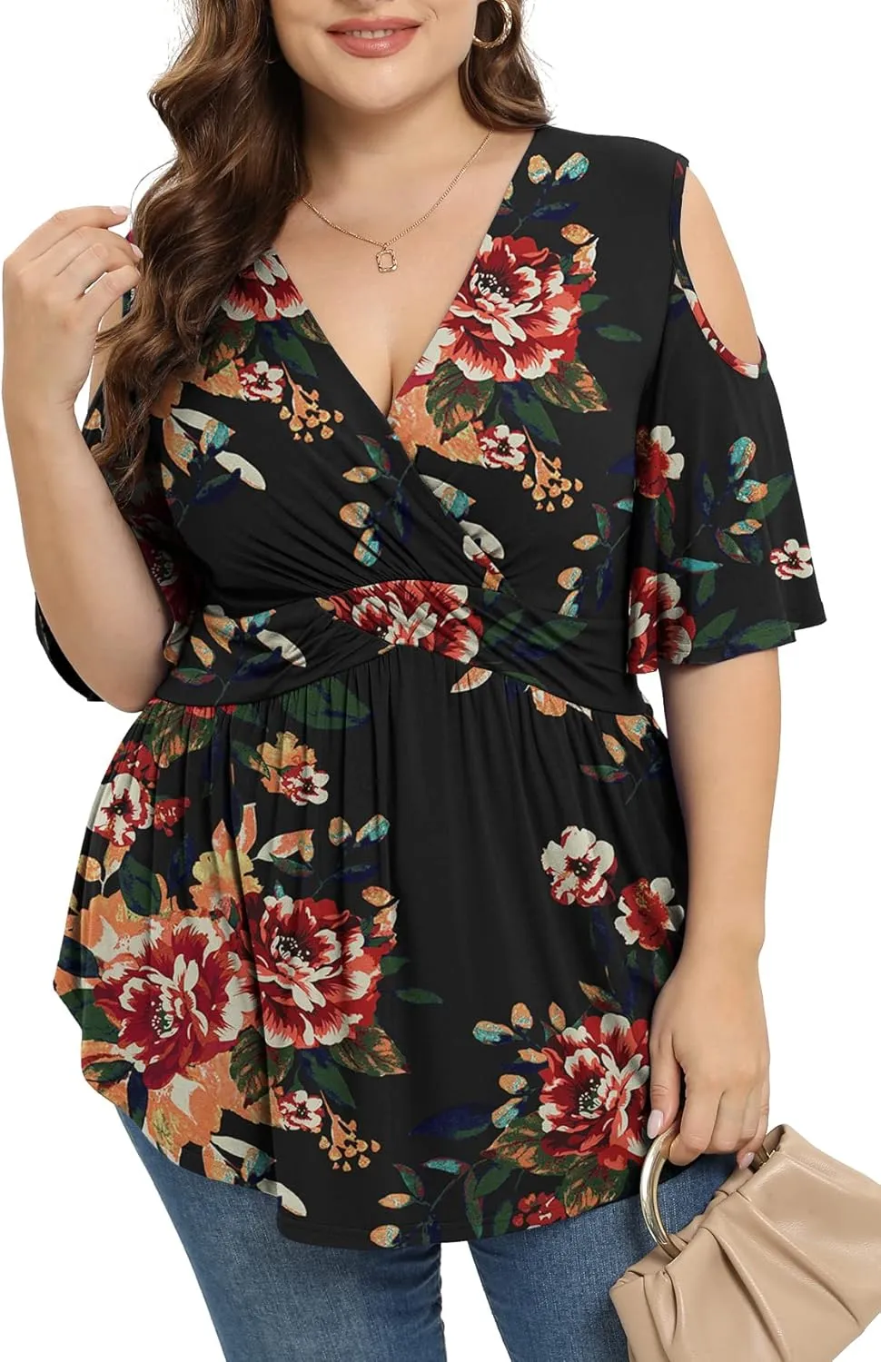 TIANZHU Plus Size Tops for Women Sexy Empire Waist Dressy Short Sleeve Shirts with Cold Shoulder Detail