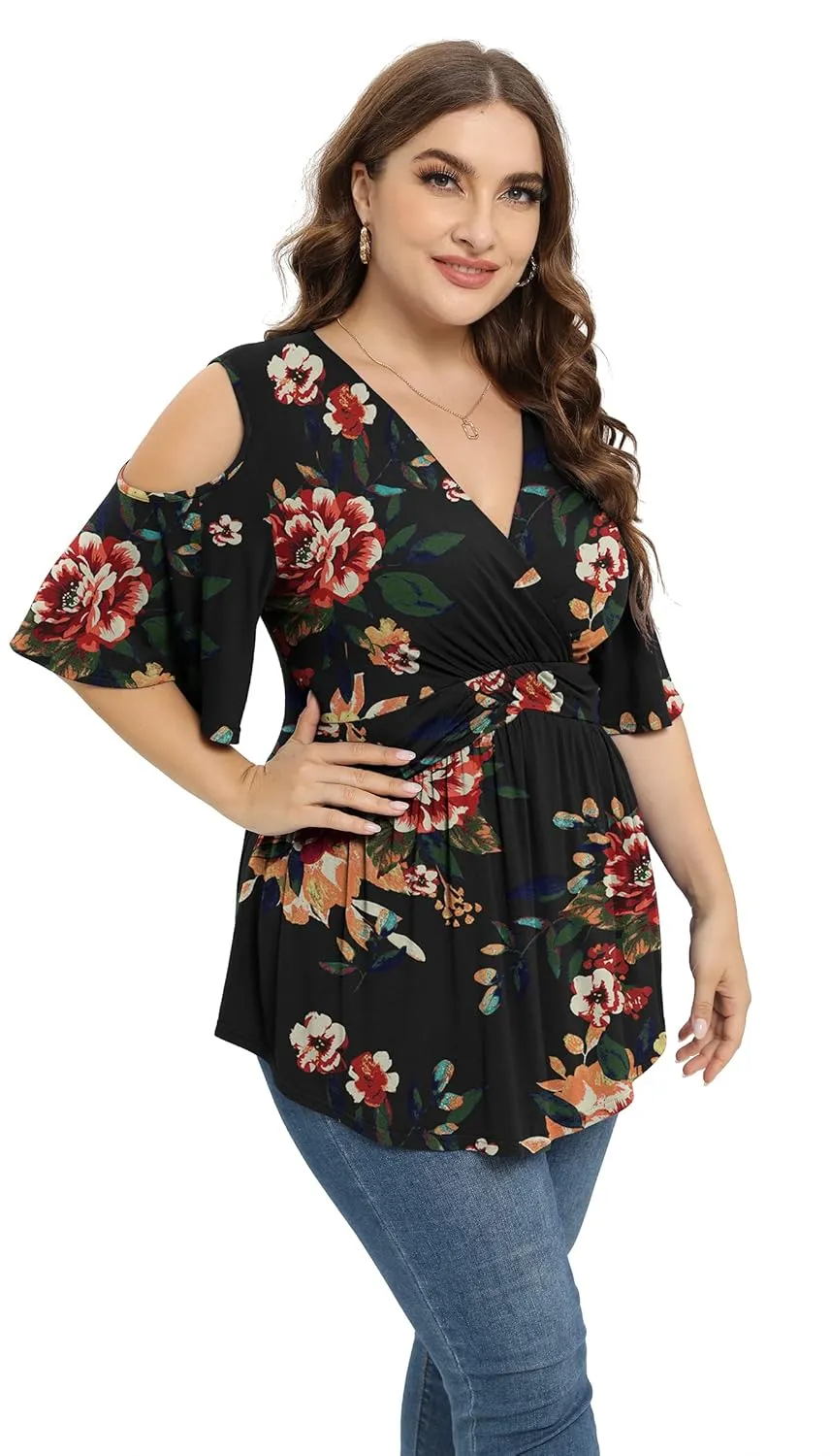 TIANZHU Plus Size Tops for Women Sexy Empire Waist Dressy Short Sleeve Shirts with Cold Shoulder Detail