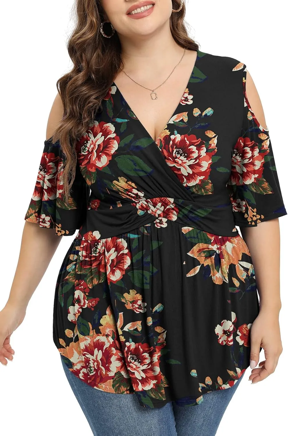 TIANZHU Plus Size Tops for Women Sexy Empire Waist Dressy Short Sleeve Shirts with Cold Shoulder Detail