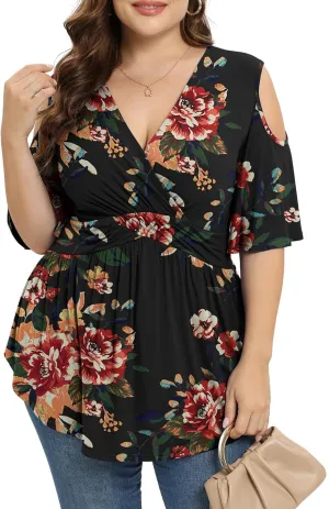 TIANZHU Plus Size Tops for Women Sexy Empire Waist Dressy Short Sleeve Shirts with Cold Shoulder Detail