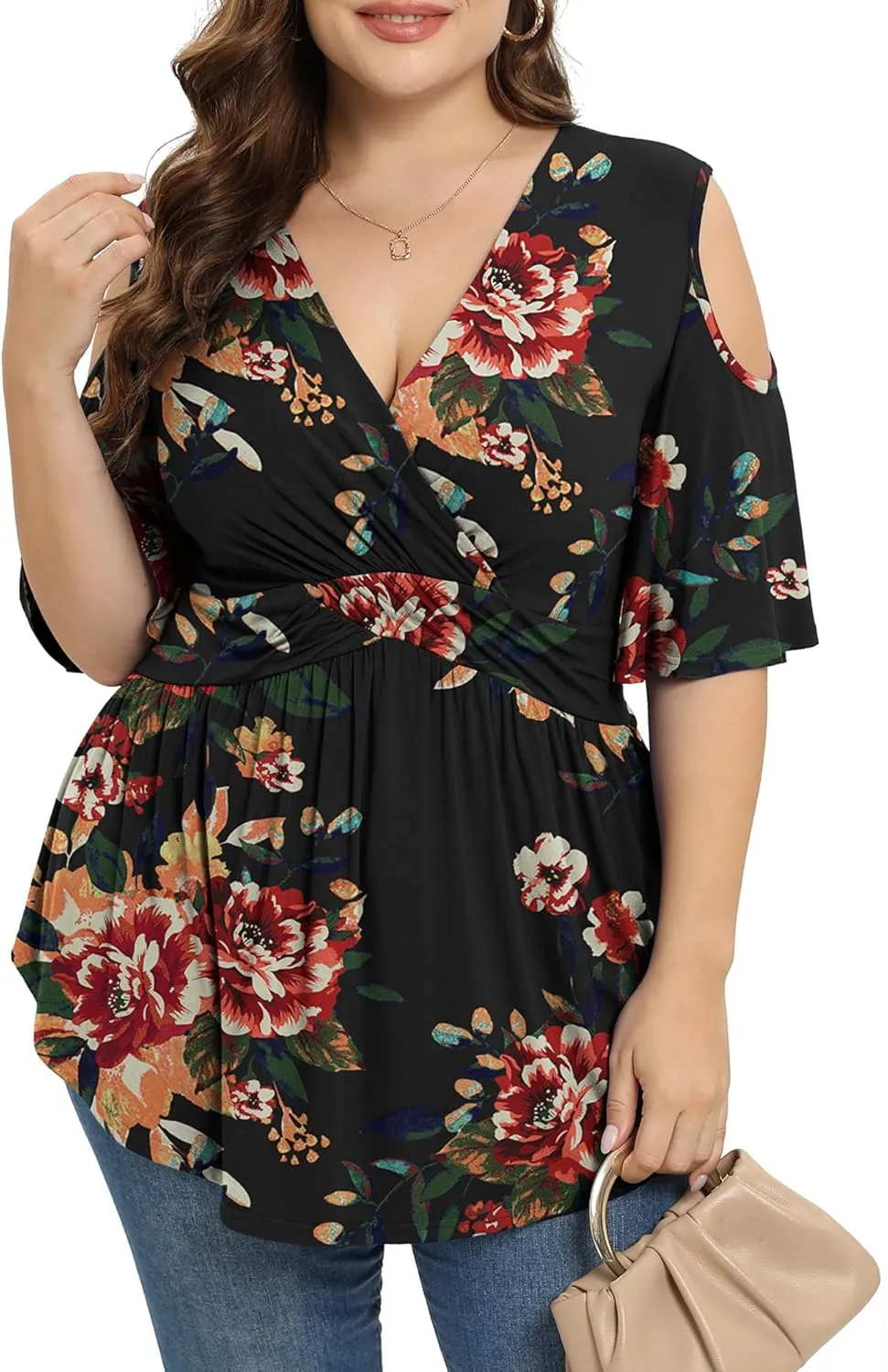 TIANZHU Plus Size Tops for Women Sexy Empire Waist Dressy Short Sleeve Shirts with Cold Shoulder Detail