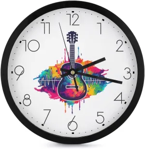 Tie Dye Guitar Heartbeat Wall Clock 10 Inch Silent Non-ticking Battery Operated Decorative Clock for Kitchen Bedroom