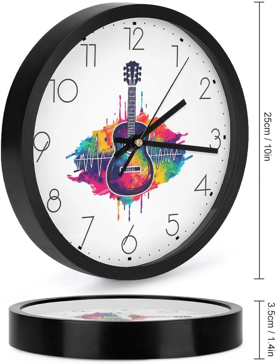 Tie Dye Guitar Heartbeat Wall Clock 10 Inch Silent Non-ticking Battery Operated Decorative Clock for Kitchen Bedroom
