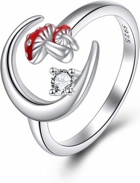 TIGER RIDER Mushroom Moon Adjustable Ring for Women 925 Sterling Silver Jewelry Gift for Women (8)