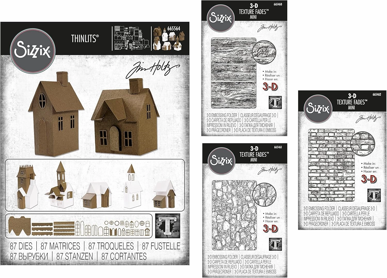 Tim Holtz Sizzix Village Collection Thinlits Dies, Bundle of 87 Dies (665564) Plus 3 Coordinating Mini Texture Fades, Lumber, Cobblestone and Brickwork (665460, 665461, 665462)