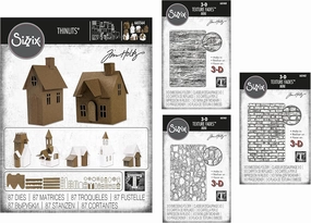 Tim Holtz Sizzix Village Collection Thinlits Dies, Bundle of 87 Dies (665564) Plus 3 Coordinating Mini Texture Fades, Lumber, Cobblestone and Brickwork (665460, 665461, 665462)