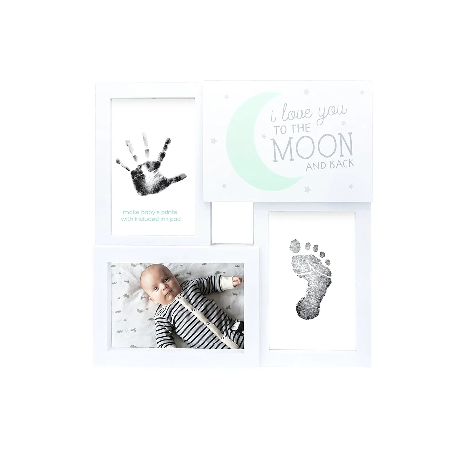 Tiny Ideas Baby Prints Collage Keepsake Frame with Included Ink Pad, Love You to The Moon and Back, Mint/White/Black, 4" x 6" Photo