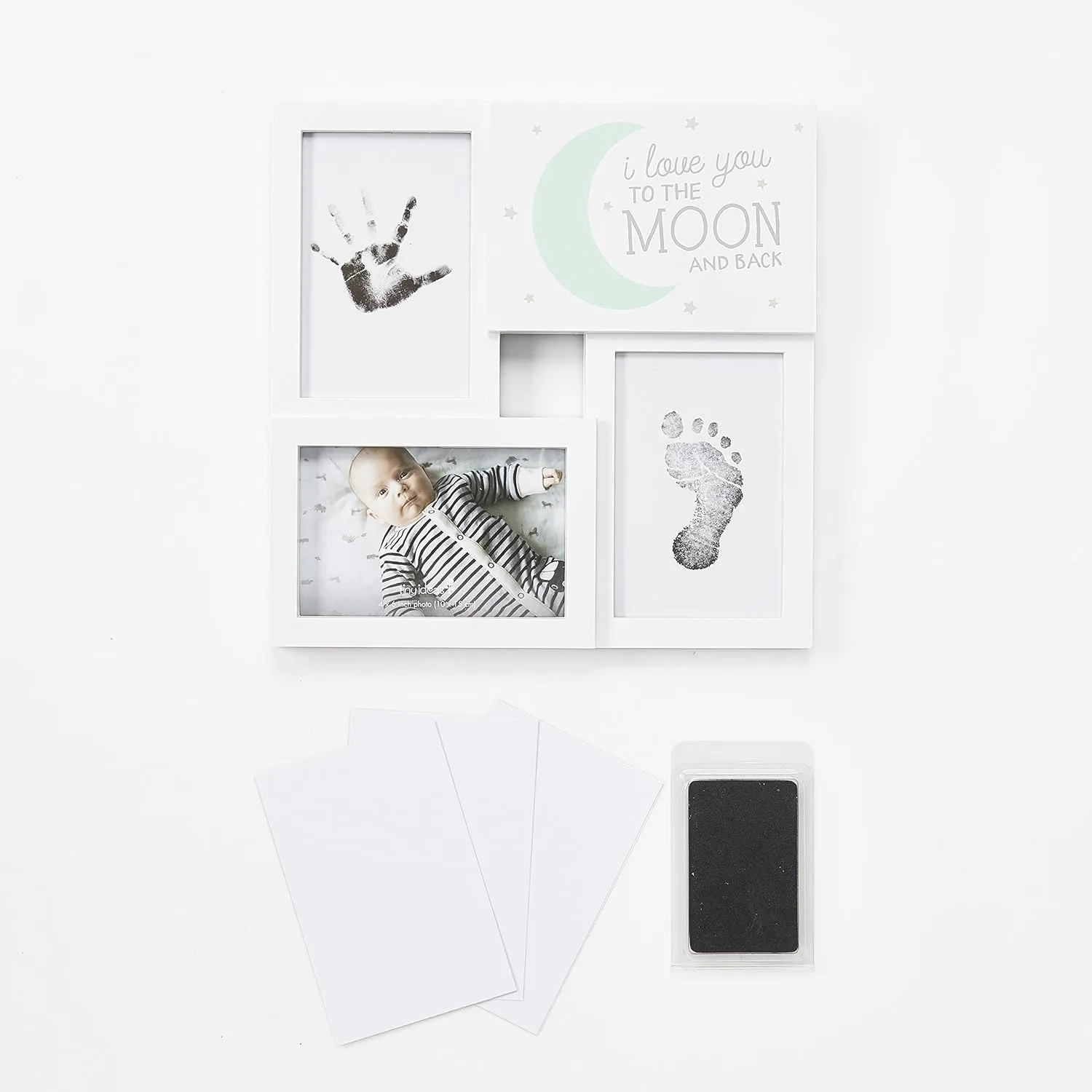 Tiny Ideas Baby Prints Collage Keepsake Frame with Included Ink Pad, Love You to The Moon and Back, Mint/White/Black, 4" x 6" Photo