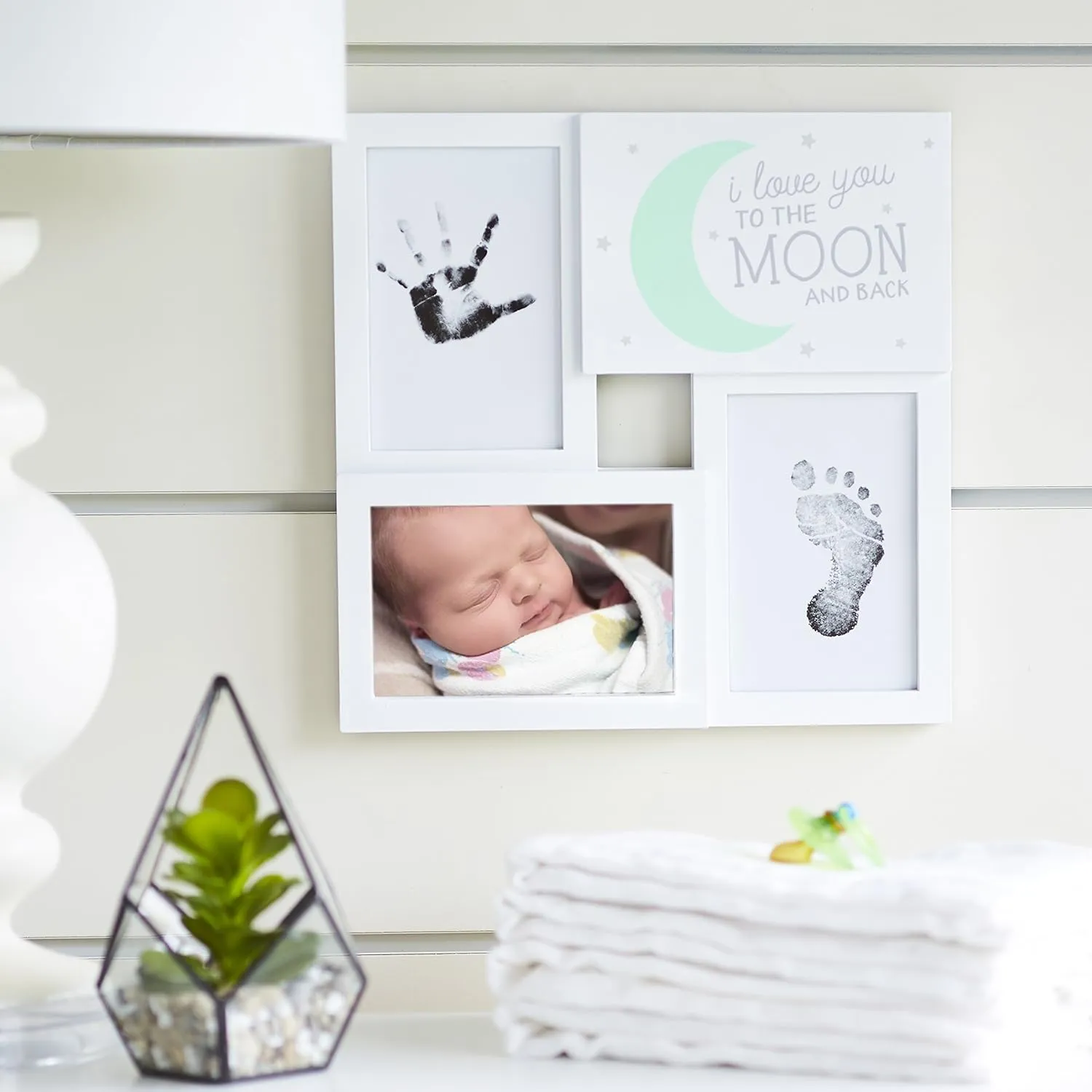 Tiny Ideas Baby Prints Collage Keepsake Frame with Included Ink Pad, Love You to The Moon and Back, Mint/White/Black, 4" x 6" Photo