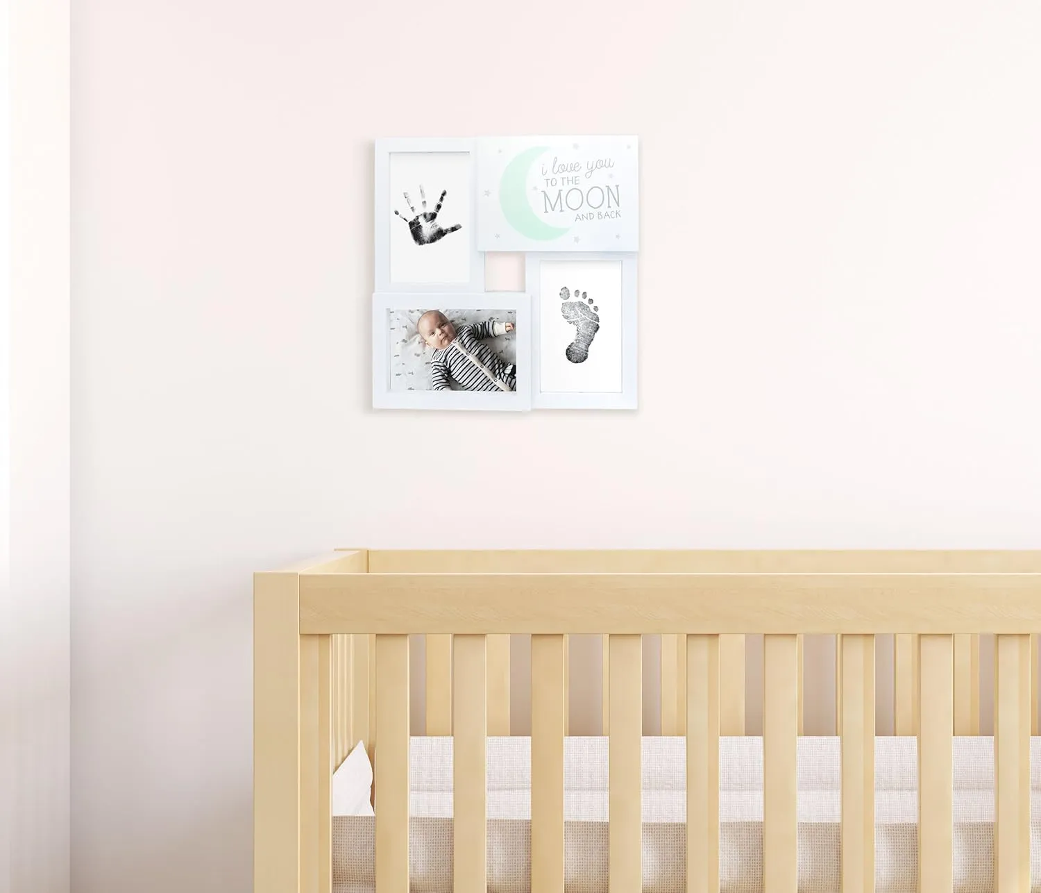Tiny Ideas Baby Prints Collage Keepsake Frame with Included Ink Pad, Love You to The Moon and Back, Mint/White/Black, 4" x 6" Photo