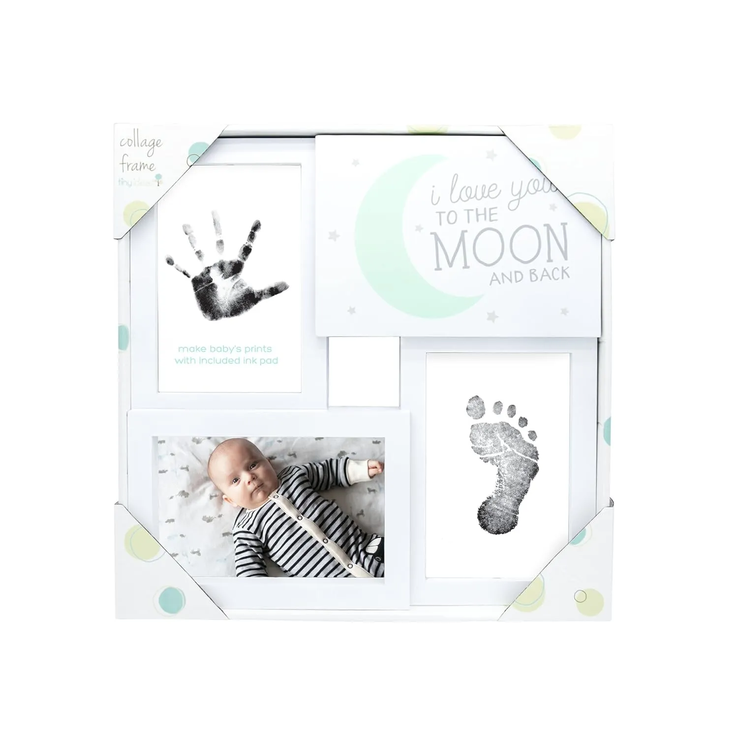 Tiny Ideas Baby Prints Collage Keepsake Frame with Included Ink Pad, Love You to The Moon and Back, Mint/White/Black, 4" x 6" Photo