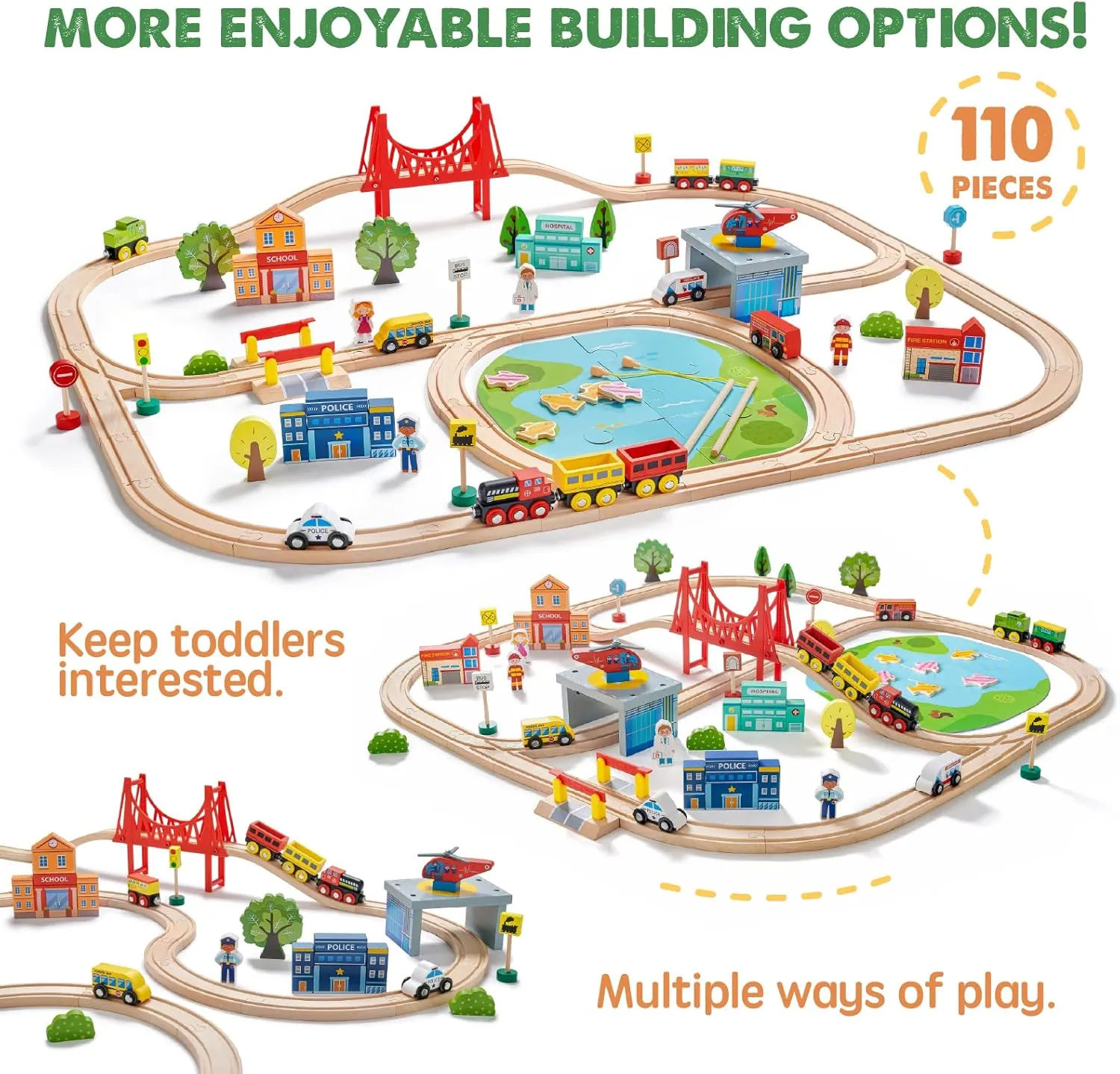 Tiny Land Train Set 110pcs Wooden Train Set, Toy Train Set with Tracks & Accessories, Montessori Toys for Boys & Girls Ages 3-7, Birthday Gift Railway Set for Toddlers & Kids
