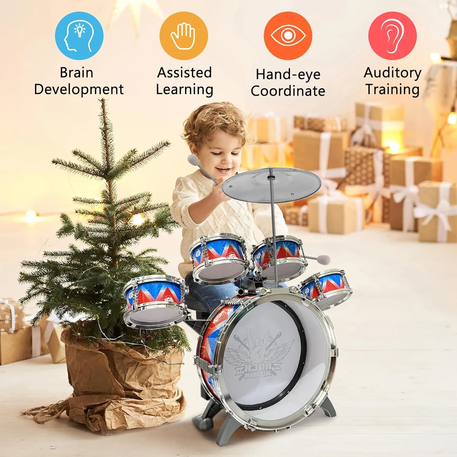 Toddlers Drum Set Kids Jazz Drum Kit Band Rock Drum for 3-5 Years Old Perfect Birthday Xmas Gift - Early Learning Musical Toy Set with Easy Assembly