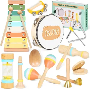 Toddlers Musical Instruments Montessori Wooden Toys for 1 Year Old, Kids Percussion Instruments Toy with Modern Boho Xylophone Baby Music Set for 1 2 3 Year Old Boy and Girls