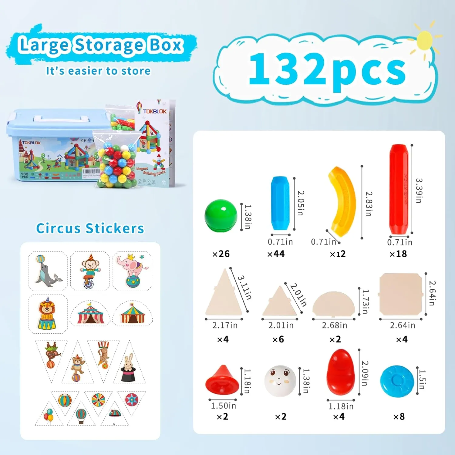 TOKBLOK Magnetic Building Blocks for Boys and Girls, 132Pcs Creative Magnetic Sticks and Balls STEM Construction Toys for Kids Toddlers Early Development Educational Learning