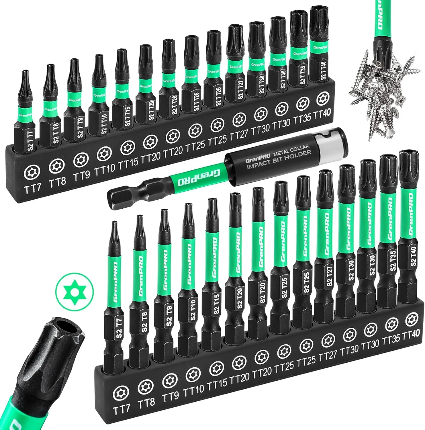 Torx Bit Set 29pcs Impact Driver Bit Set, S2 Steel Torx Screwdriver Sets, Tamper Proof Star Bits Sets, Star Screwdriver 1"&2" Long (T7-T40) Torque Security Bits with Magnetic Bit Holder