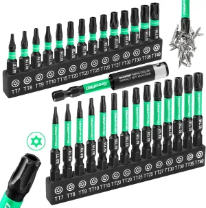 Torx Bit Set 29pcs Impact Driver Bit Set, S2 Steel Torx Screwdriver Sets, Tamper Proof Star Bits Sets, Star Screwdriver 1"&2" Long (T7-T40) Torque Security Bits with Magnetic Bit Holder