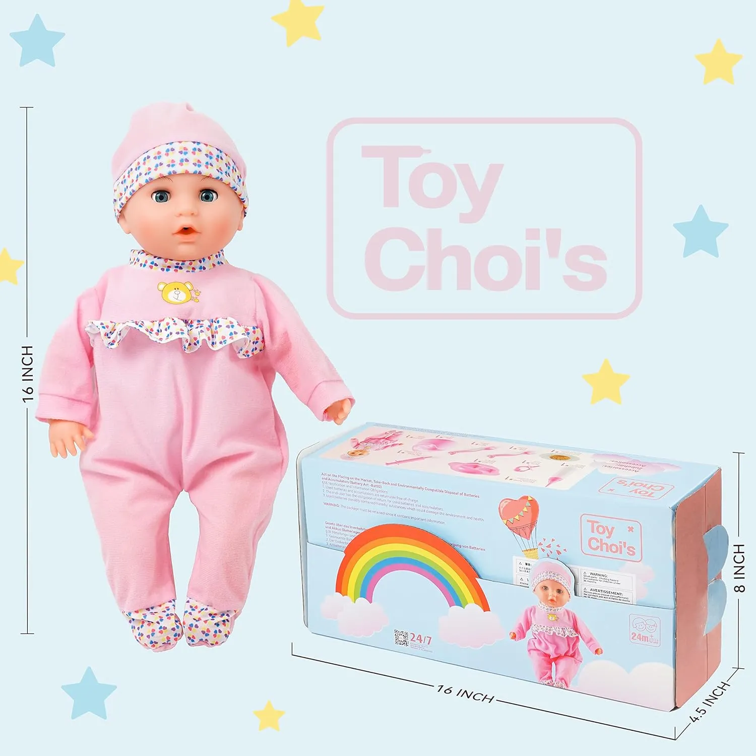 Toy Choi's 16 Inch Interactive Baby Doll Pink - Talking Feeding Dolls with Different Sounds and Accessories, Pretend Play Preschool Toys Gift for Toddlers 2 3 4 5  Year Old Girls Boys