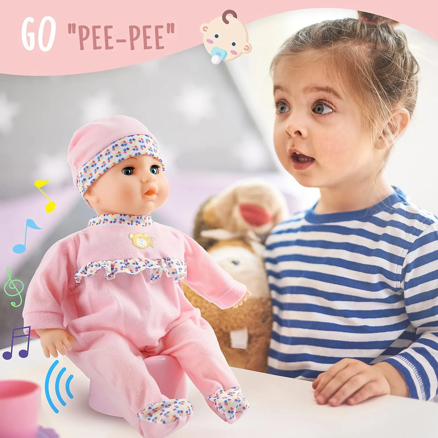 Toy Choi's 16 Inch Interactive Baby Doll Pink - Talking Feeding Dolls with Different Sounds and Accessories, Pretend Play Preschool Toys Gift for Toddlers 2 3 4 5  Year Old Girls Boys