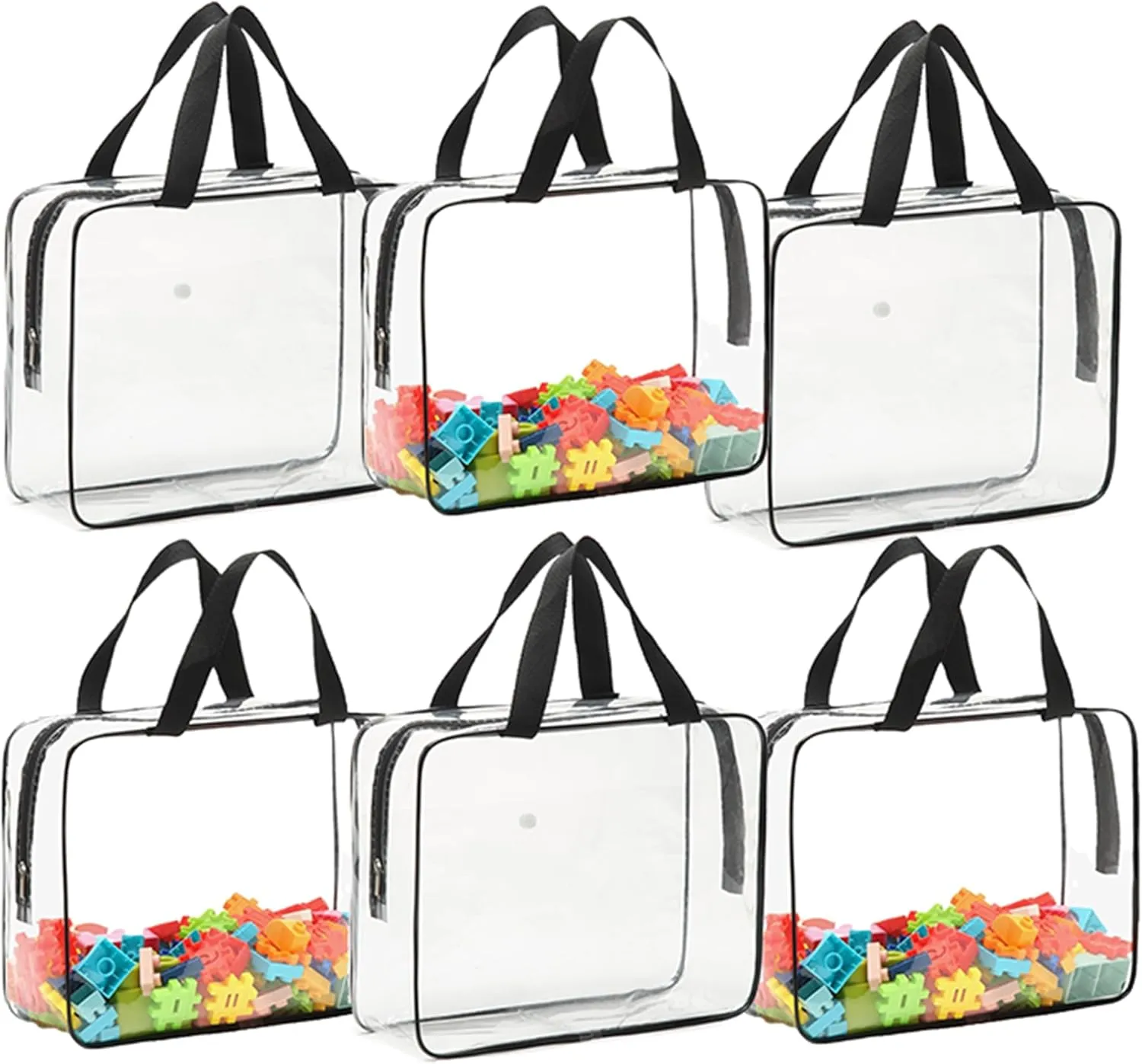 Toy Storage Bags 6 Packs,Reusable Clear Storage Bags with Front Pocket & Zipper,Waterproof Toy Organizer Bags for Building Blocks,Puzzles,Books,Toy Organization Large Size 11.8×3.9×9.6Inch