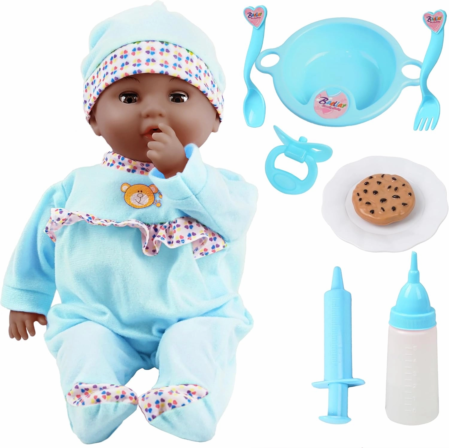 Toy Choi's Interactive Baby Doll Blue - 16 Inch Crying Talking Feeding Dolls with Different Sounds and Accessories, Pretend Play Preschool Toys for 2 3 4 5  Year Old Girls Boys Gift, Black Doll