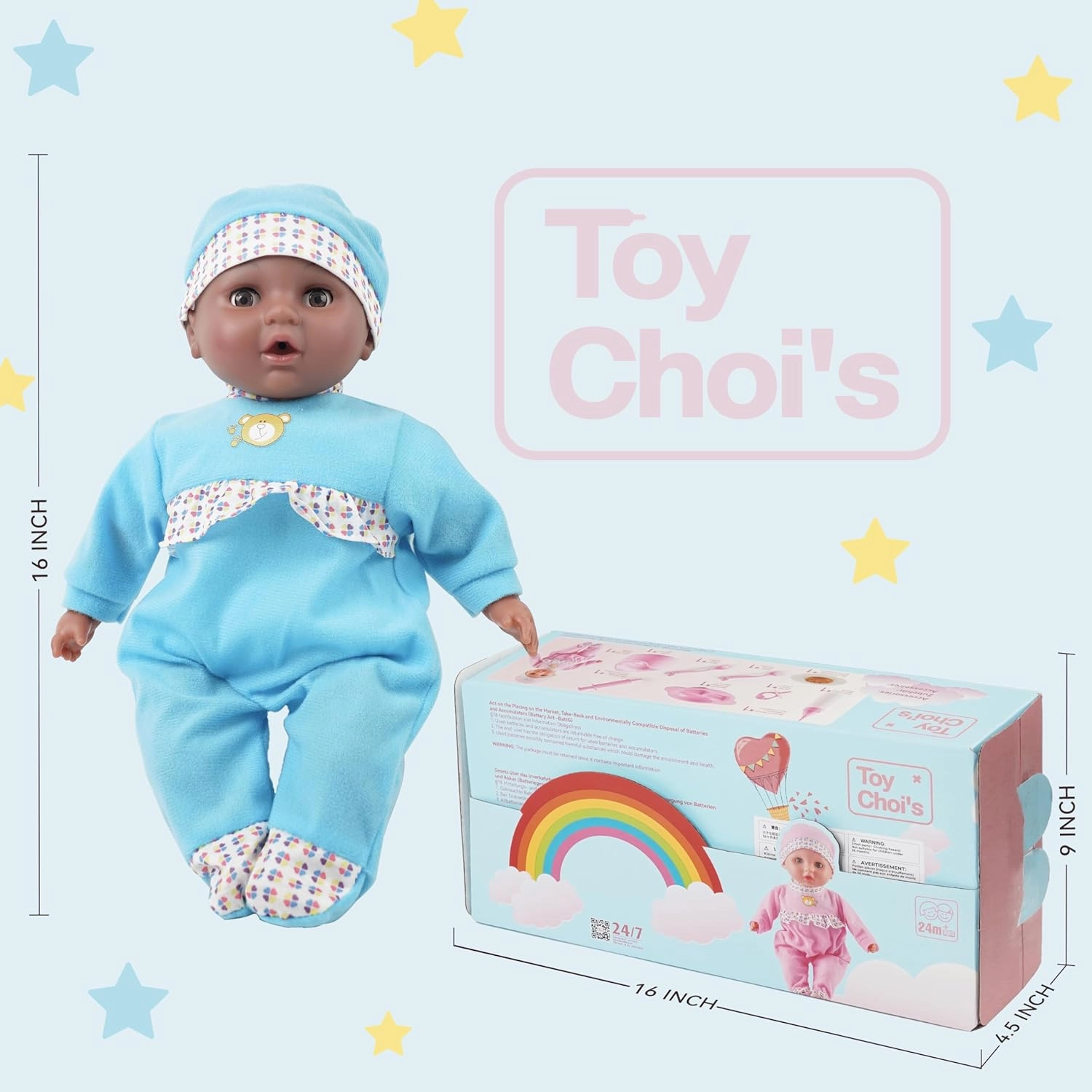 Toy Choi's Interactive Baby Doll Blue - 16 Inch Crying Talking Feeding Dolls with Different Sounds and Accessories, Pretend Play Preschool Toys for 2 3 4 5  Year Old Girls Boys Gift, Black Doll