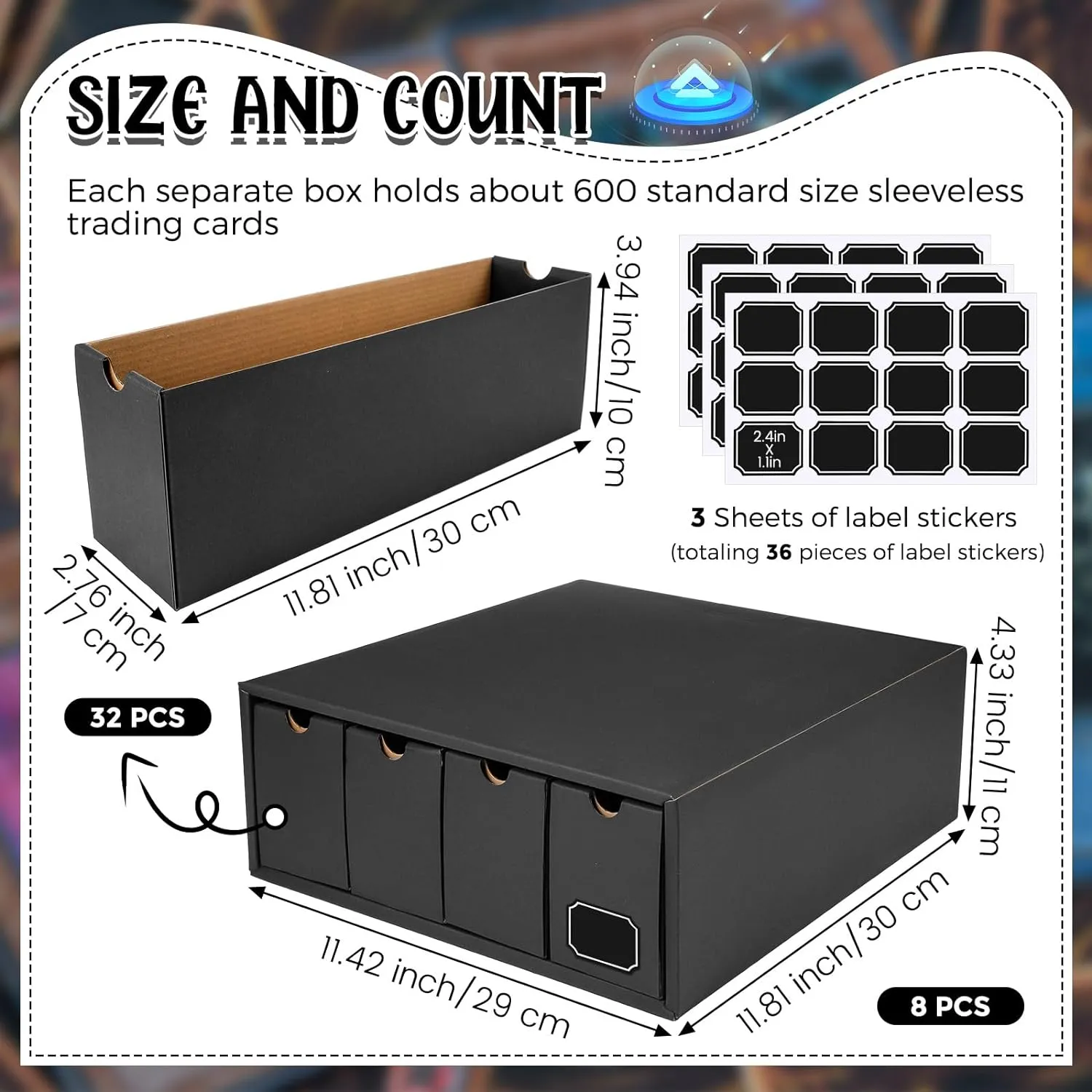 Trading Card Storage Box 19200  Card Collection with Separate Boxes and Label Stickers Soccer Sports Storage Compatible with Tcg Mtg(8 Sets,Black)