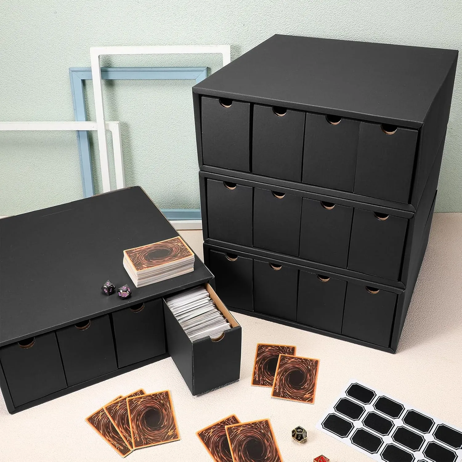 Trading Card Storage Box 19200  Card Collection with Separate Boxes and Label Stickers Soccer Sports Storage Compatible with Tcg Mtg(8 Sets,Black)