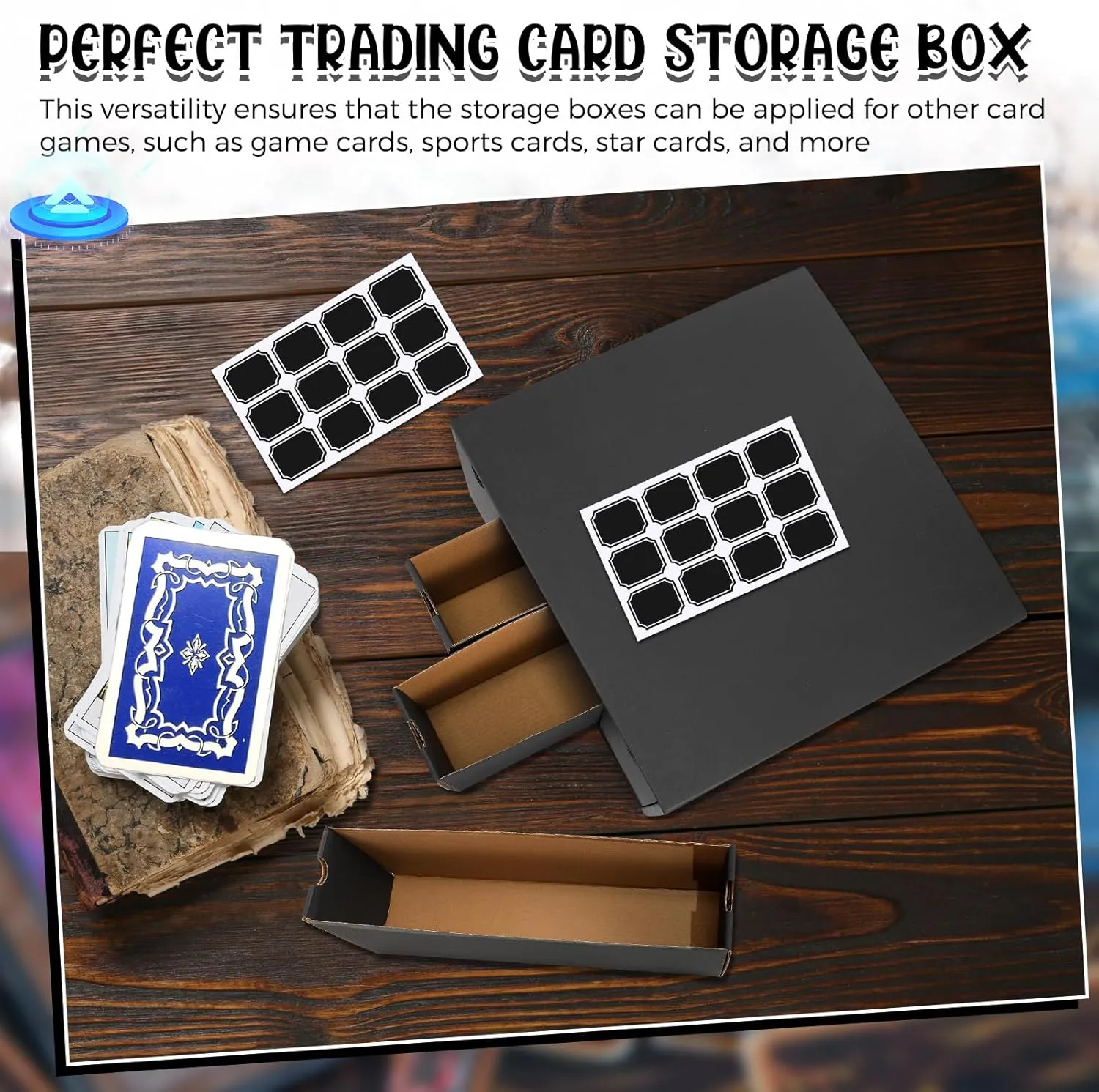 Trading Card Storage Box 19200  Card Collection with Separate Boxes and Label Stickers Soccer Sports Storage Compatible with Tcg Mtg(8 Sets,Black)