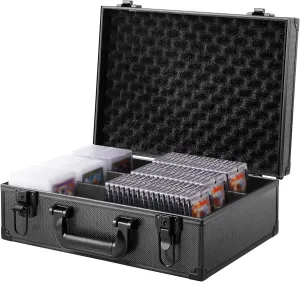 Trading Card Storage Box with Dividers for 3”x4” 35pt Rigid Cards – Waterproof, Anti-Skid, Lockable Case Holds 600  Fit Sports/Graded/TCG Cards, Black w/Dividers Key Lock