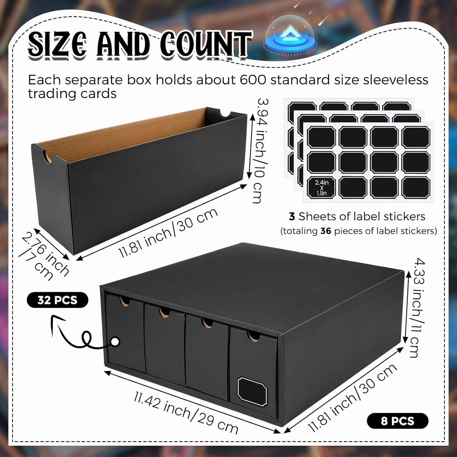 Trading Card Storage Box 19200  Card Collection with Separate Boxes and Label Stickers Soccer Sports Storage Compatible with Tcg Mtg(8 Sets,Black)