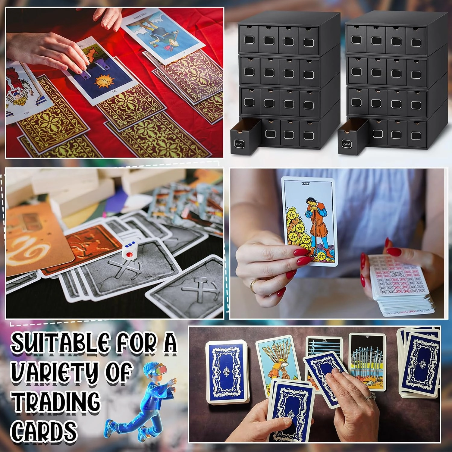 Trading Card Storage Box 19200  Card Collection with Separate Boxes and Label Stickers Soccer Sports Storage Compatible with Tcg Mtg(8 Sets,Black)