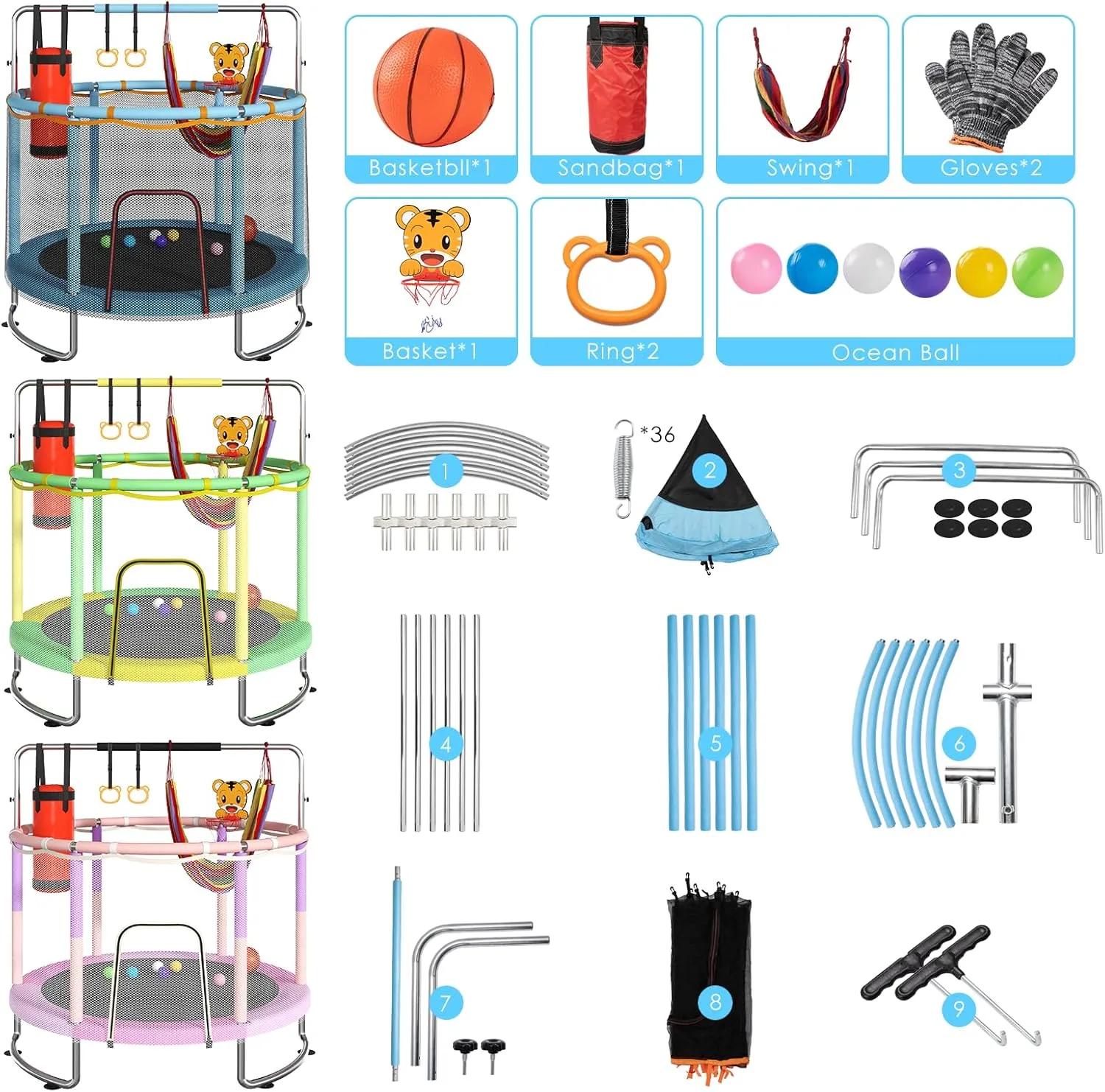 Trampoline for Kids, Upgrade Full Anti-Rust 440lbsToddler Trampoline with Net, Upgraded Ring Legs with Adjustable Gymnastics Bar&Toys, Gifts for Ages 1-8 Boys&Girls