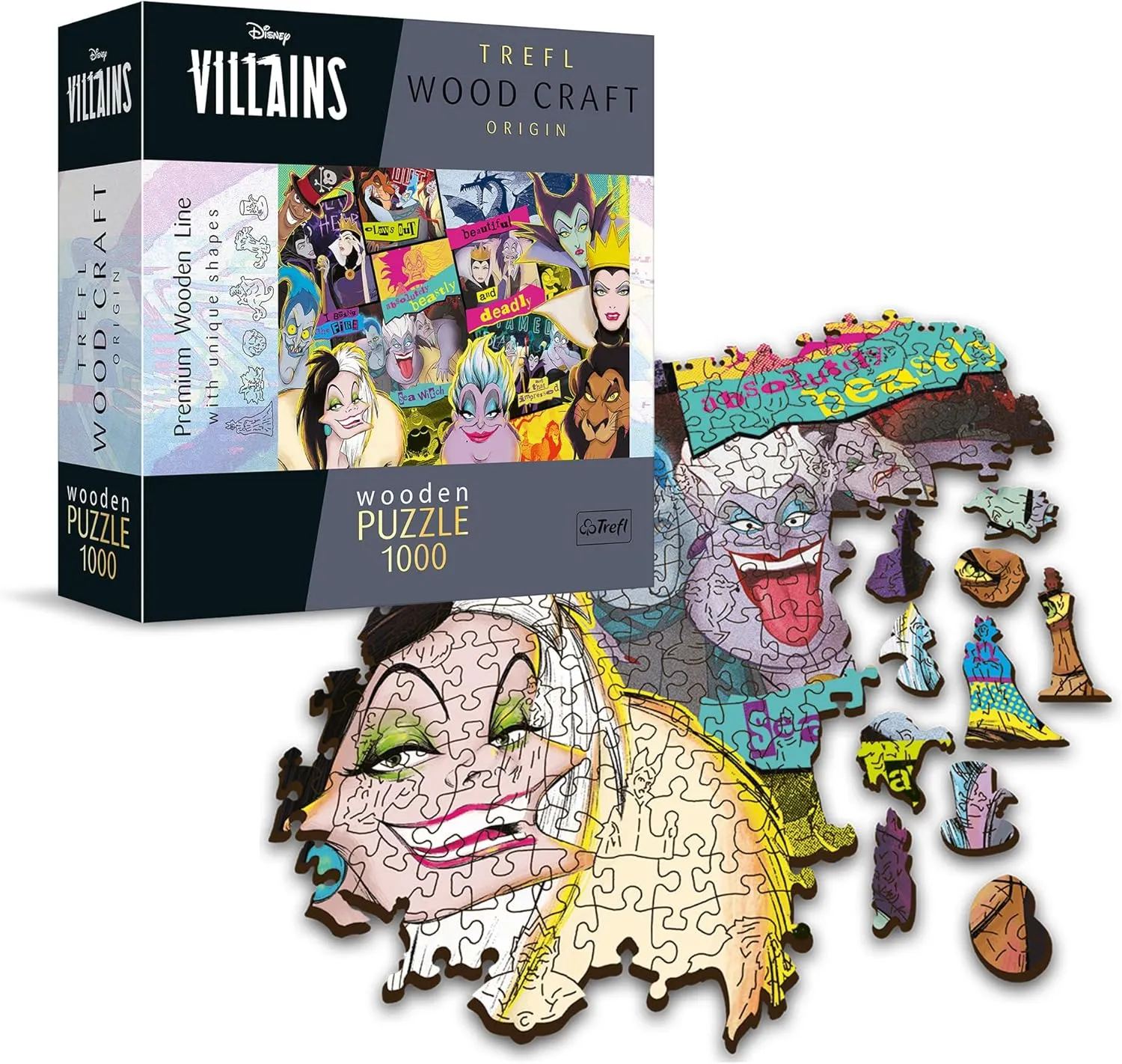 Trefl Disney Wood Craft 1000 Piece Jigsaw Puzzle Villains Reunion 20"x15" Irregular Shapes, 70 Disney Puzzles, Modern Premium Puzzle, for Adults and Children from 12 Years Old