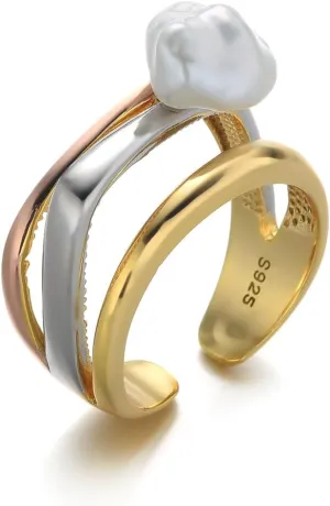 Tri-Tone Sterling Silver Adjustable Ring with Keshi Freshwater Pearl - 18k Gold and Rose Gold Plated Statement Ring for Women