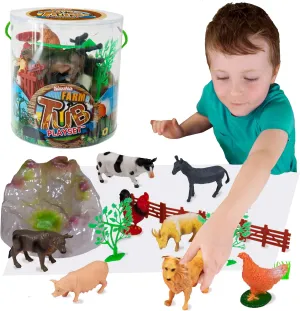 Tub Playset - Farm from Deluxebase, Farm Animal Toys Figurine Set for Kids with Reusable Storage Container, 12 Piece Toys Plus Accessories for Kids Interactive Imagination Play.