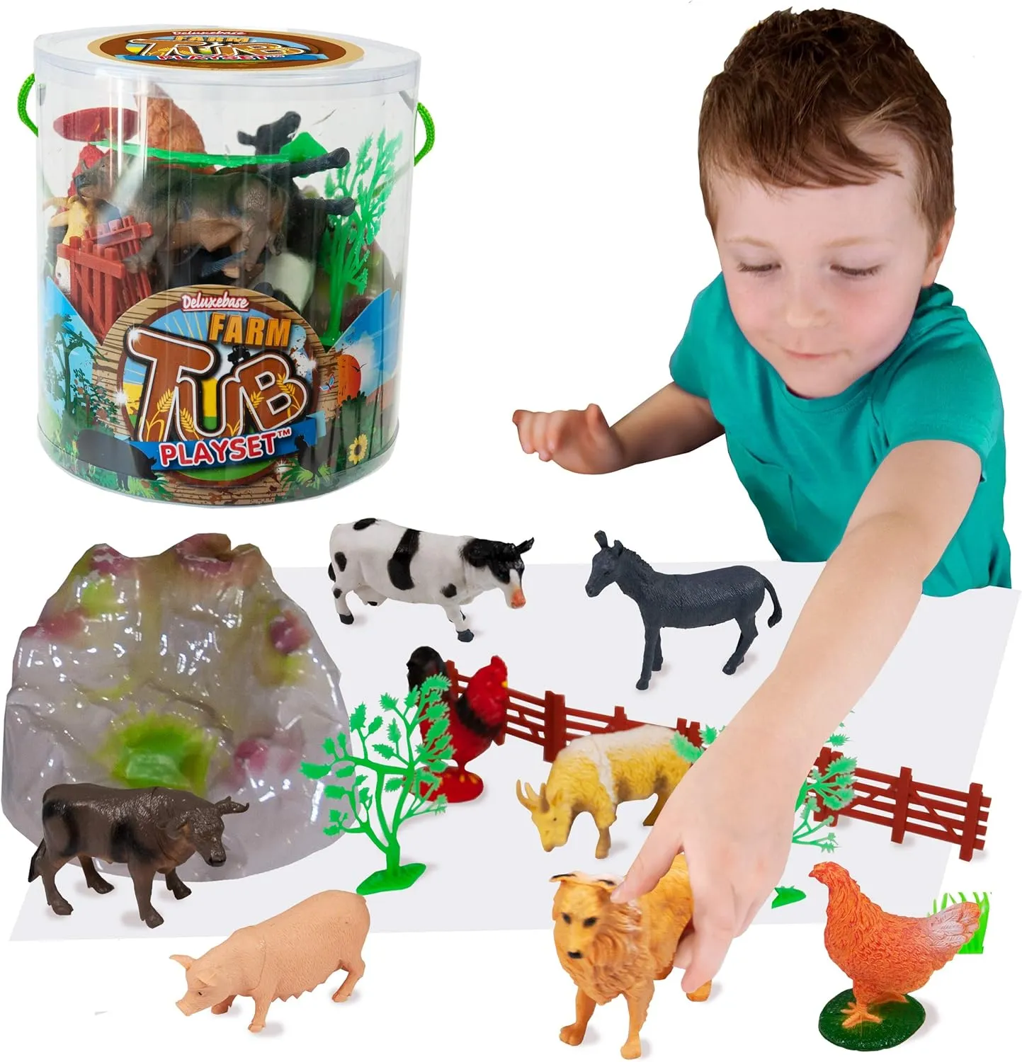 Tub Playset - Farm from Deluxebase, Farm Animal Toys Figurine Set for Kids with Reusable Storage Container, 12 Piece Toys Plus Accessories for Kids Interactive Imagination Play.