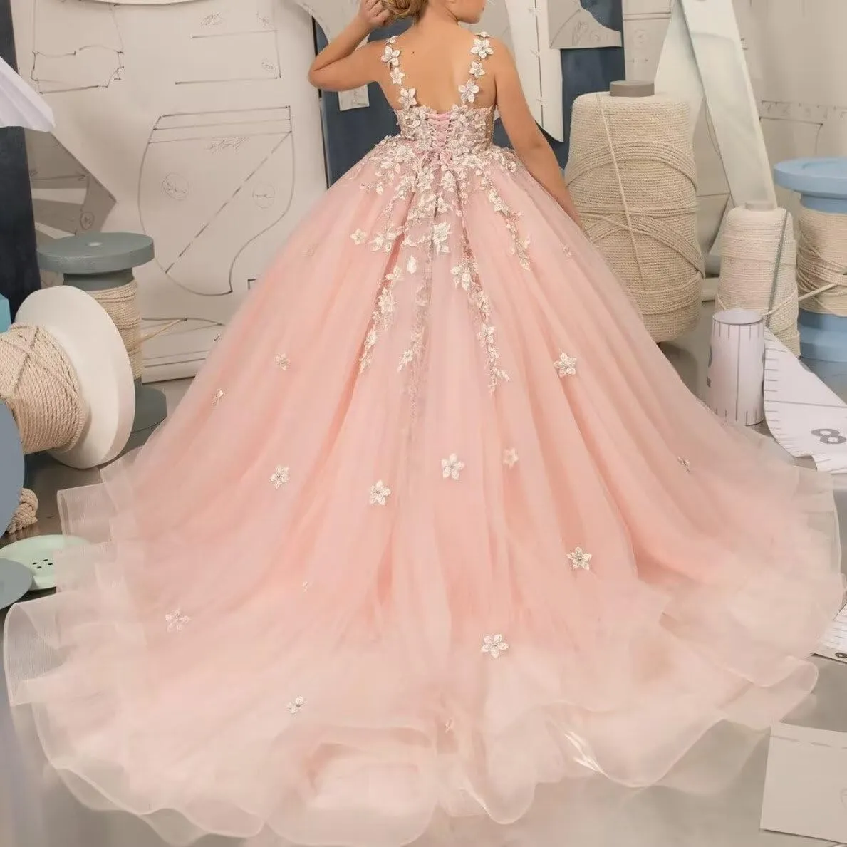 Tulle Flower Girl Dresses for Wedding Floral Appliques Princess Kids Pageant Dress Girls Birthday Party Ball Gown