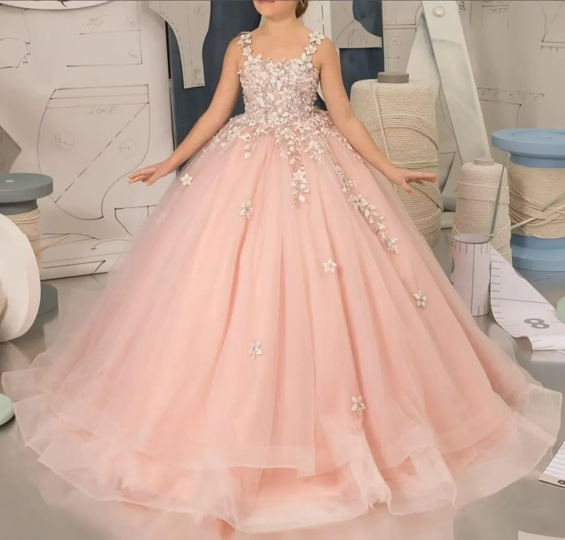 Tulle Flower Girl Dresses for Wedding Floral Appliques Princess Kids Pageant Dress Girls Birthday Party Ball Gown